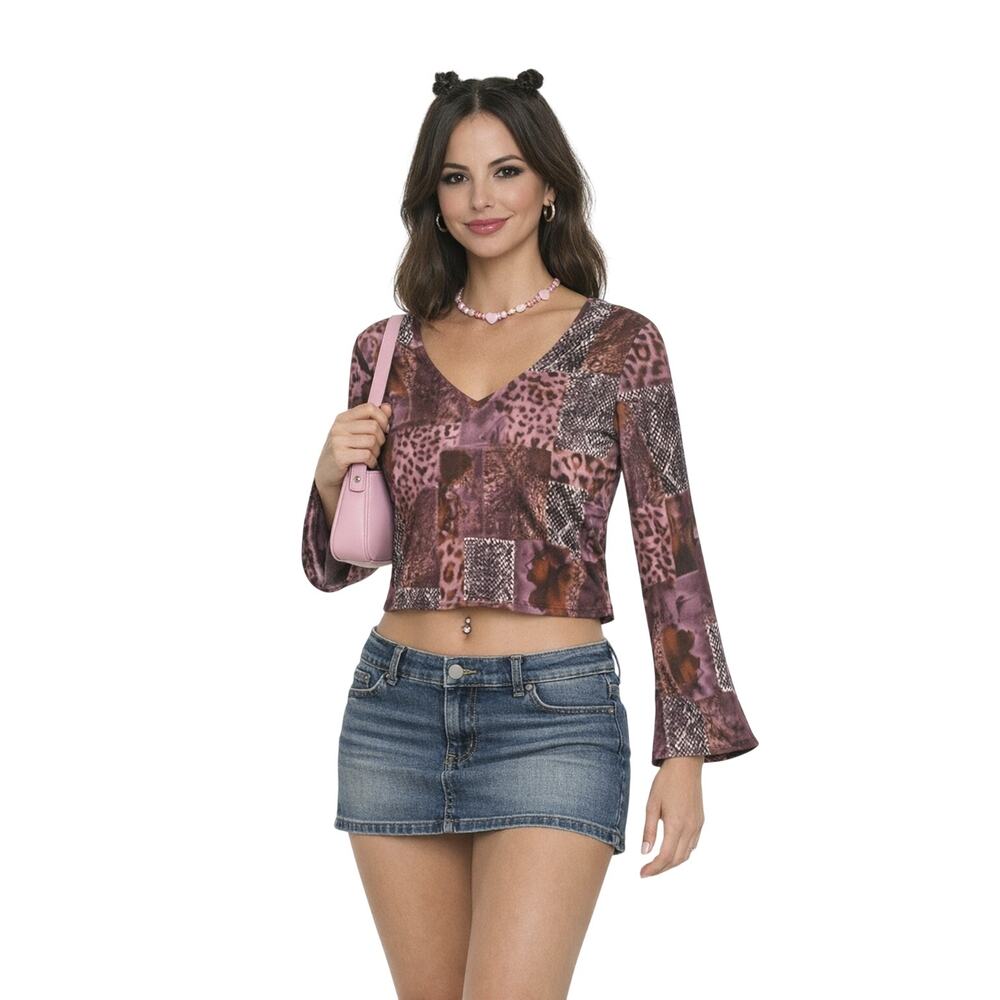 Forever 21 Vintage Top XS Patchwork Animal Print Retro Y2K Flared Sleeves GUC